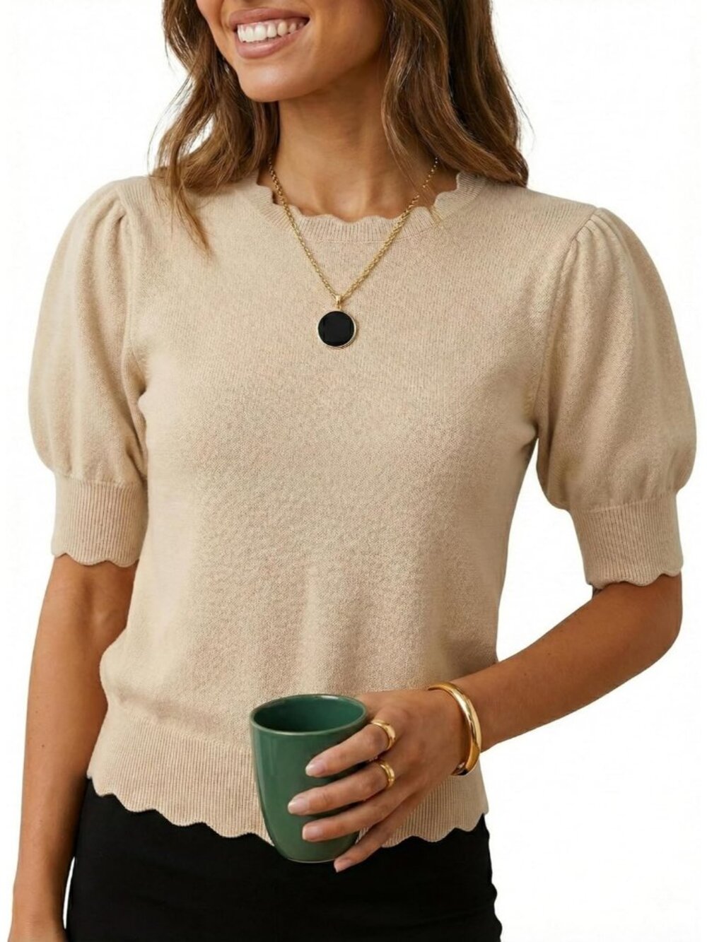 Women's Beige Short Sleeve Crew Neck Pull On Imported Casual Sweater